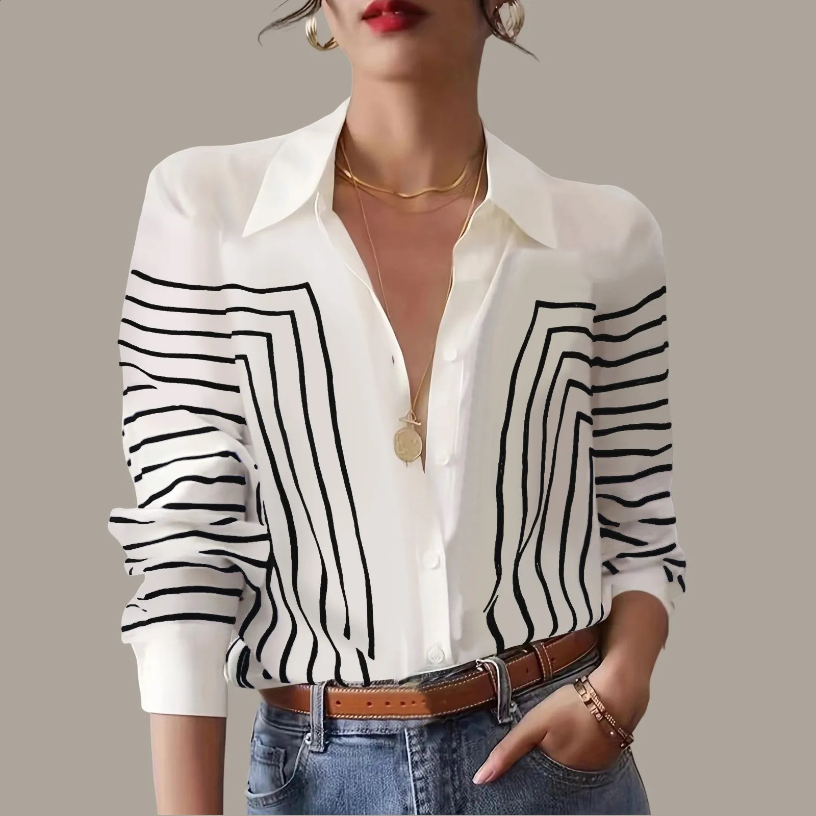 Womens casual lapel cotton linen loose shirt retro Harajuku solid shirt elegant long sleeved button up top for office ladies tuning 250318