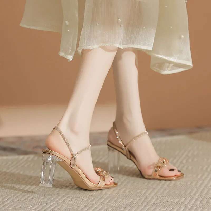 Wedge Heels Size Square Chunky Women Transparent High Heel Open Toe Summer Sandals Two Wearing Gold Sier Heels