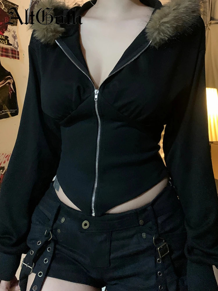 AltGoth retro streetwear Gothic sportswear womens Harajuku cyberpunk fur hem hooded zipper top Y2k Egirl tight corset women 250318