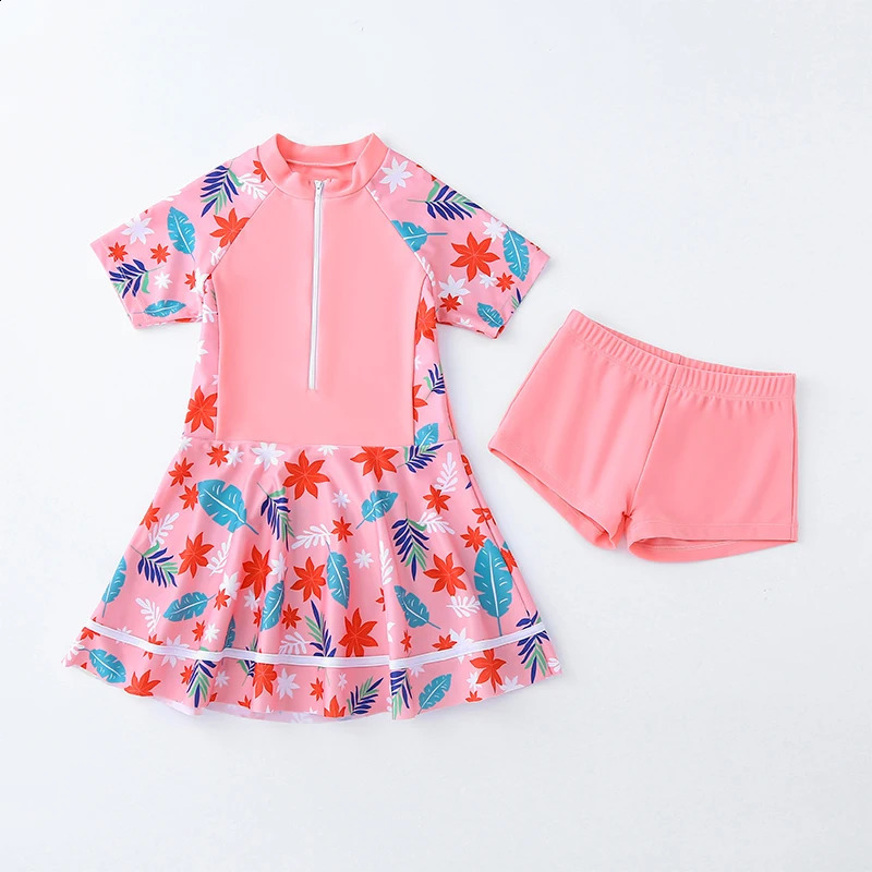 Girl One-piece Swimsuit Pink Purple Flower Print Short Sleeve Zipper Swimwear Children Teenage Girls Swim DressUnderwear Shorts 250319