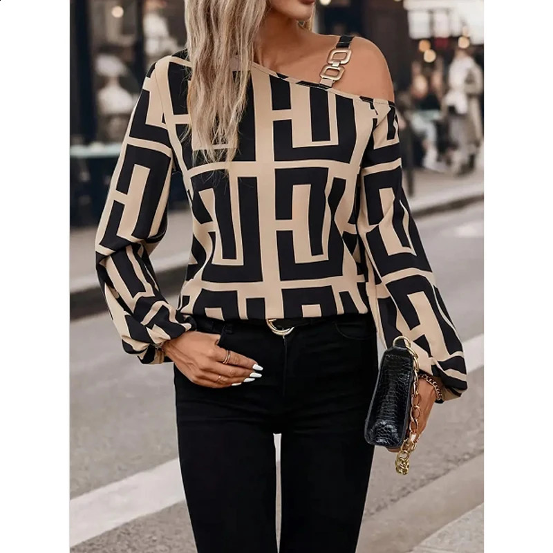 Elegant Geometric Printed Womens Shirt Spring 2025 Product Diagonal Neck Shoulder Long Sleeve Hoodie Casual for Women 250319