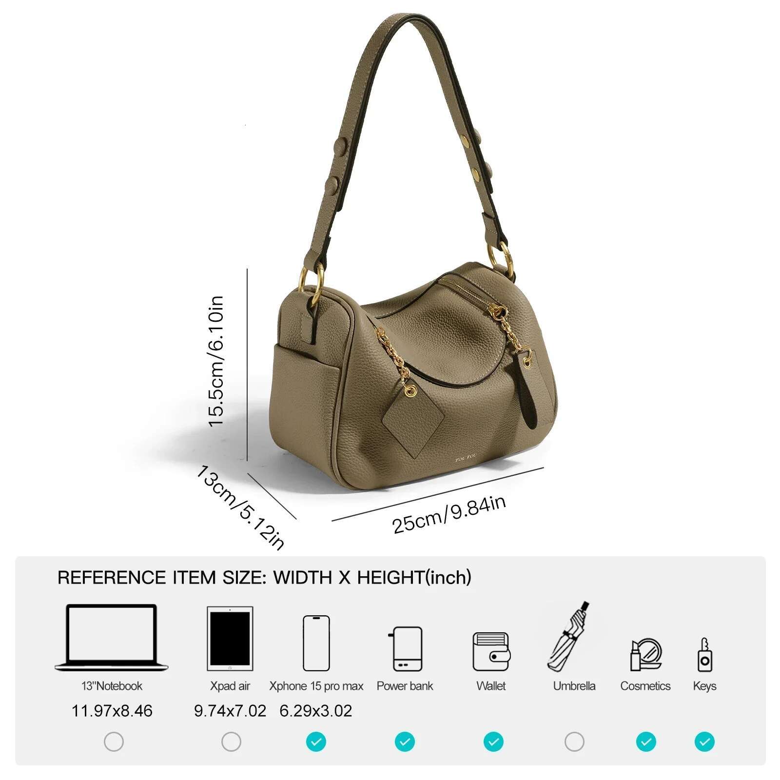 TOUTOU Quilted Genuine Leather Handbag T Print Large Capacity Crossbody With Removable Shoulder Strap Bag