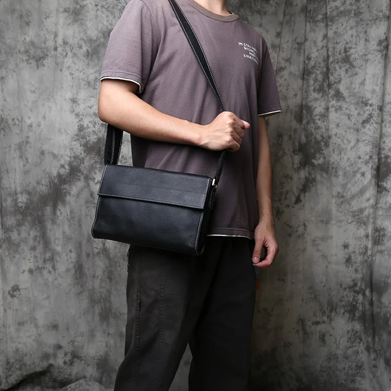 NZPJ leather mens messenger bag laminated denim shoulder bag cross body bag flat bag suitable for 10 inch iPad 250318