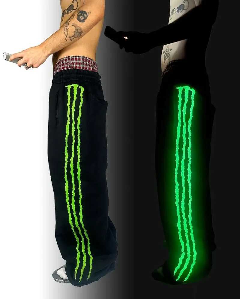 American Street Harajuku Hip-hop Fashion Luminous Extra-large Trousers Striped Print Men Y2k Fashion Loose Cropped Pants WomenT250319