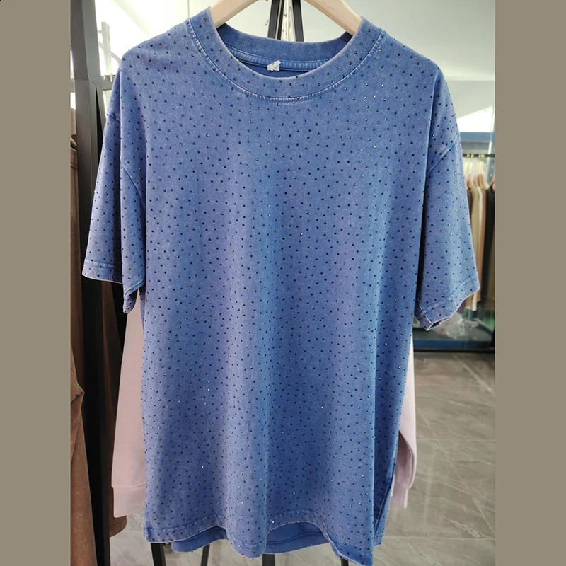 Full Printed Rhinestone T-Shirt Oversize 100% Cotton Retro T Shirt Adult Unisex Vintage Washed TShirt Short Sleeve Streetwear T 250318