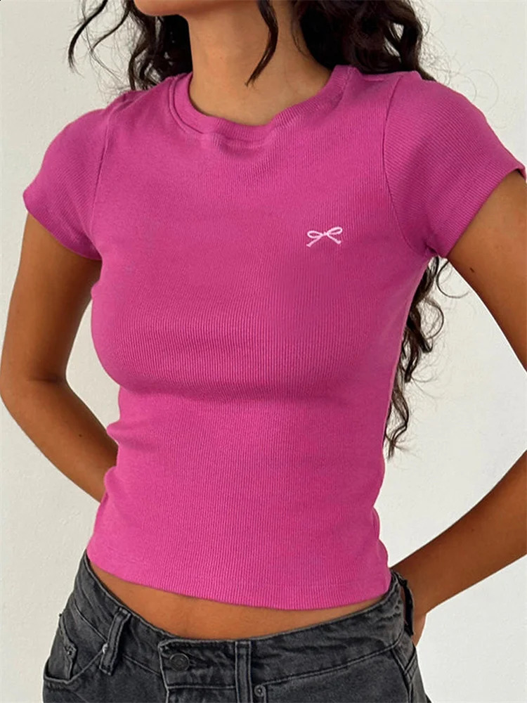 CHRONSTYLE Women Tees Shirt Crop Tops Slim Fit Round Neck Short Sleeve Bow Embroidery Ribbed T-Shirts for Summer Streetwear 250319