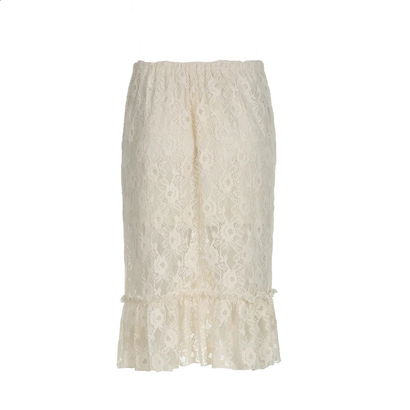 CIBBAR Fairycore Lace Transparent Skirt y2k Vintage Drawstring Bandage Low Rise Midi Skirts Women 2000s Harajuku Ladies Clothing 250319