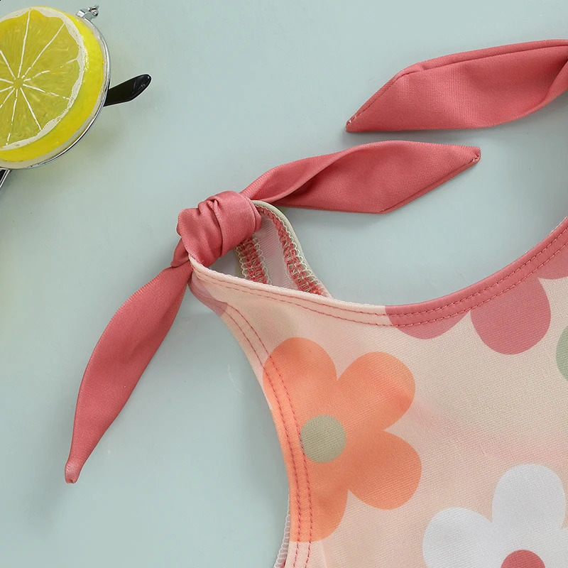 1-6T Toddler Girl Rash Guard Swimsuit Floral/Bowknot Print Sleeveless Tie Up Bathing Suit Beach Holiday Swimwear 250319