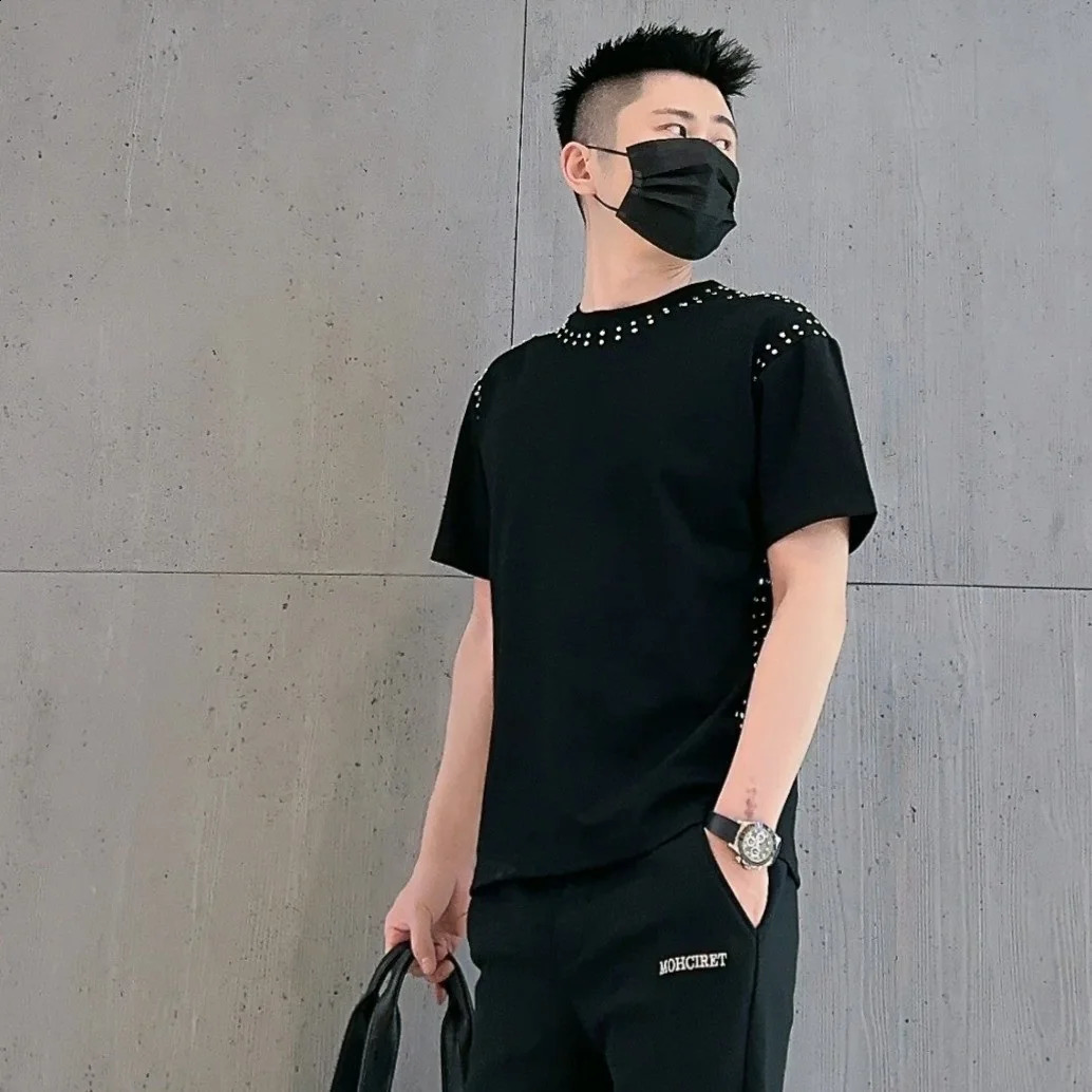High-quality summer slim T-shirt Homme diamond rivet heavy industry social club suit T-shirt mens short-sleeved street men 250318 - view 4