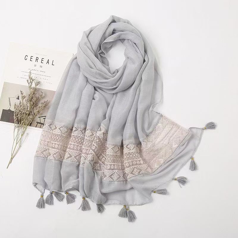 T313 Autumn and Winter Long Thick Cotton Solid Color Lace Scarf Elegant Tassel Cotton and Linen Scarf