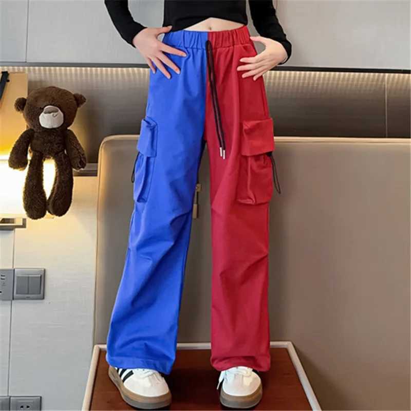 New Fashion Girls Childrens Red and Blue Spliced Colorful Product Pants with Pockets Elastic Waist Childrens Spring Hip Hop Loose Street ClothingT2503