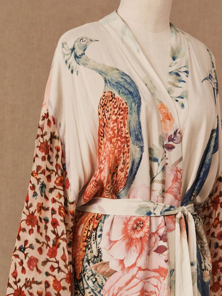Beach Kimono for Women Peocock Printed Swimsuit Cover Up Self Belted Wrap Dresses Seaside Bathing Suits Beachwear 250319
