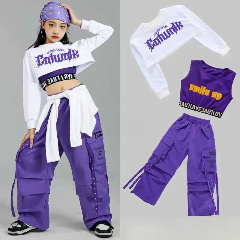 Hip Hop Girls Fashion K-pop Crop Top Purple Cargo Pants Children Street Dance Outfits Kids Streetwear Group Jazz Clothes SetsT250318