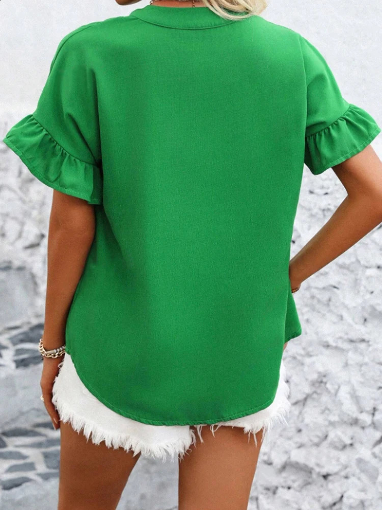 Womens solid color button short sleeved shirt 250318
