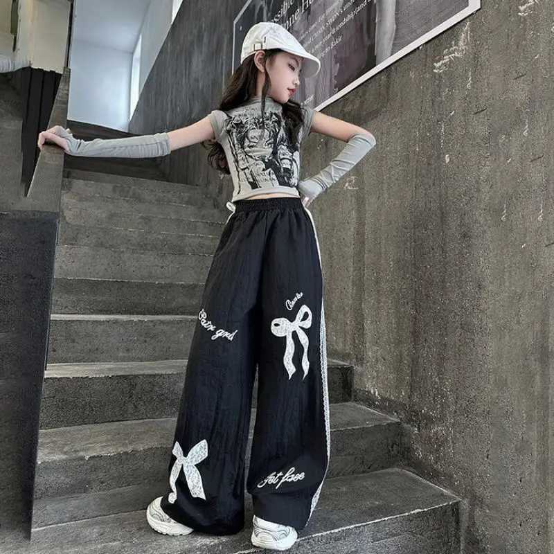 Girls printed bow pants big childrens spring fashion lace touch childrens loose casual pants autumn youth wide leg touch 5-14YT250318
