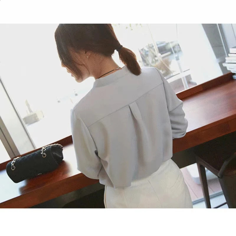 Korean Style Solid Color Vneck Half Sleeved Blouse Fashion Spring and Summer Thin Chiffon Shirt Elegant Office Lady Tops 9382 250312