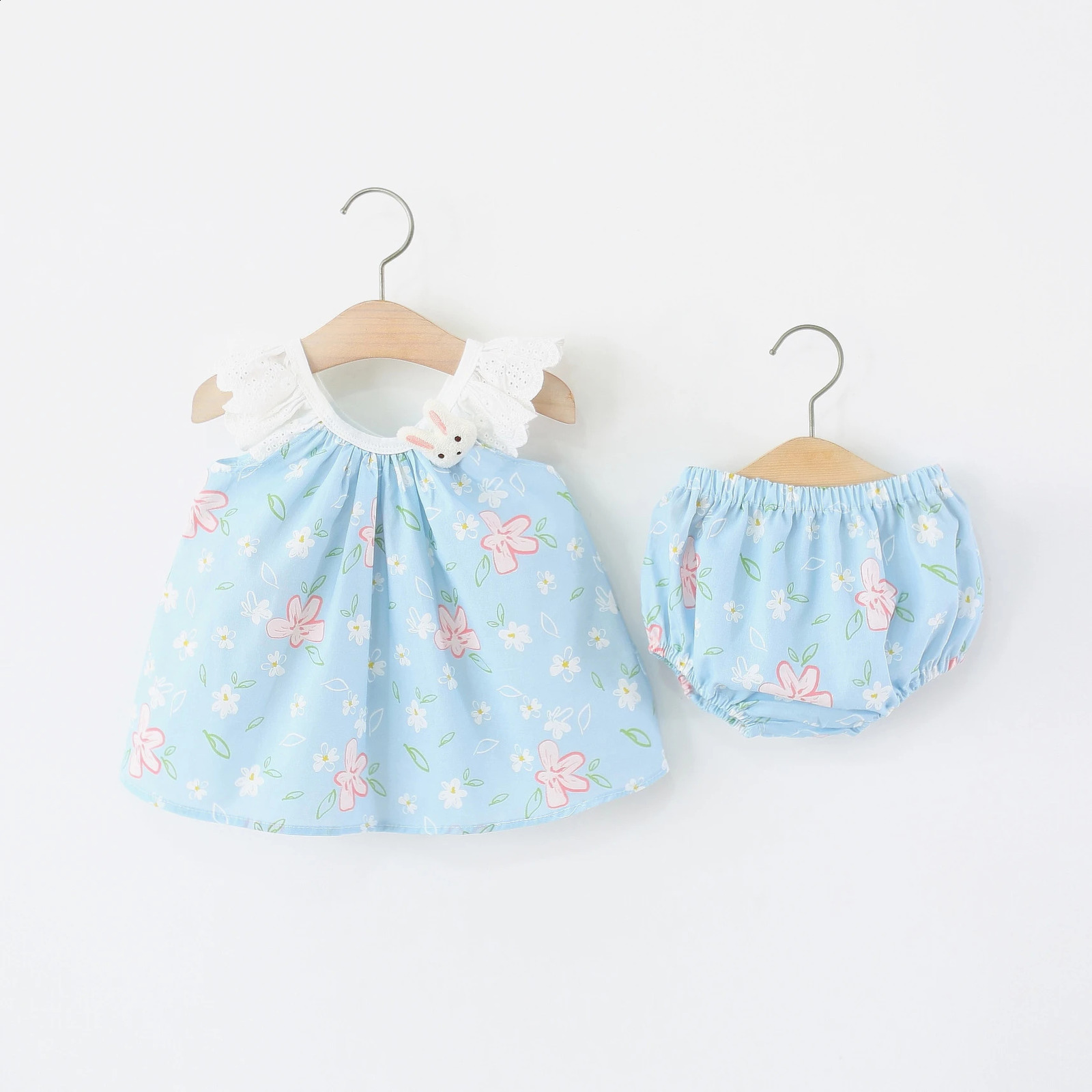 Summer baby clothing set with cute bunny flower print blue top and shorts 2 pieces of girl 250319