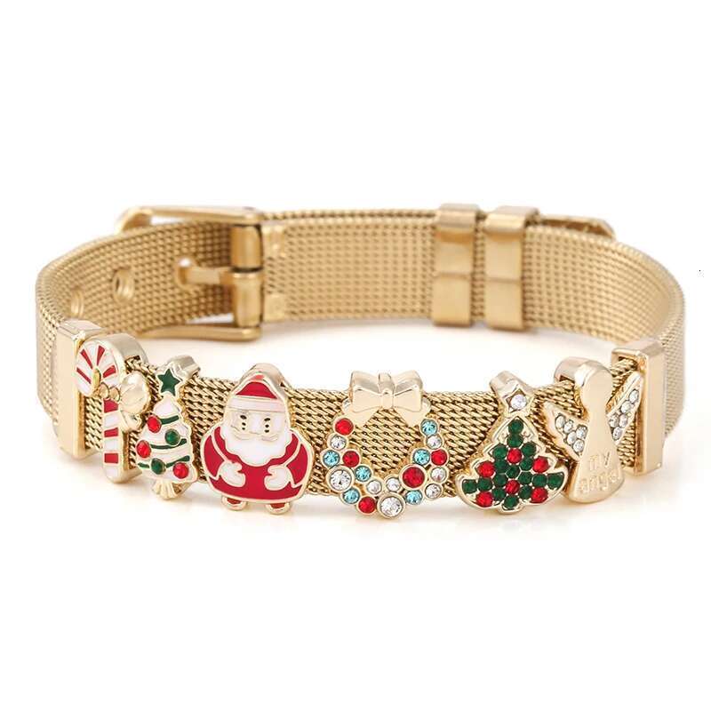 10mm Gold Color Winter Series Santa Claus Bells Beads Mesh Bracelet Stainless Steel Charm Bracelets For Women Christmas Jewelry