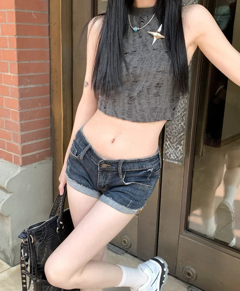 Womens Low Rise Elastic Tight Curled Denim Shorts Summer Girl Street Casual Hip Wrap Sexy Mini Shorts Female 250319