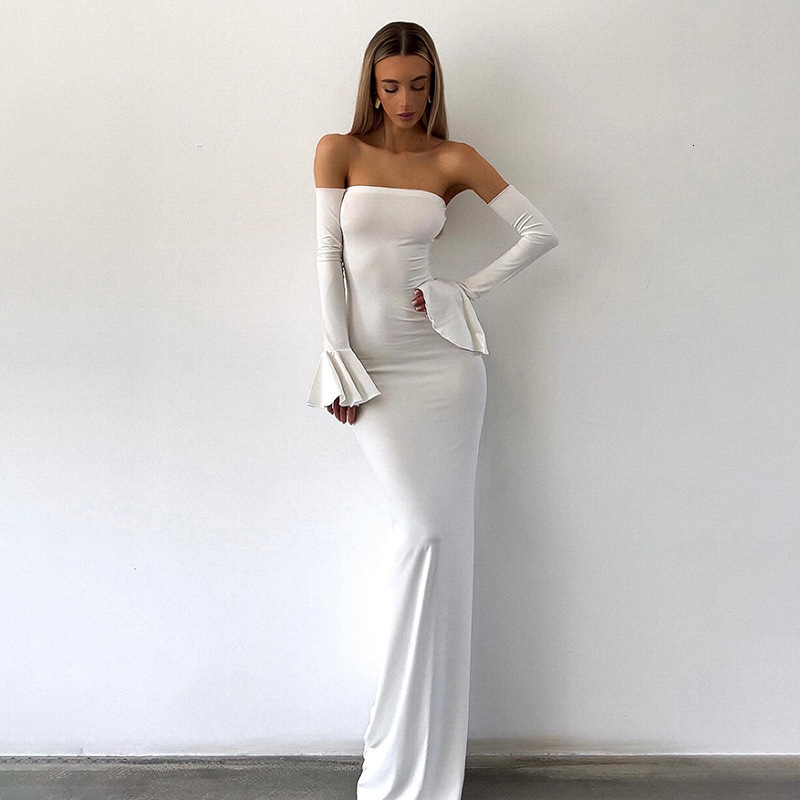 Y24DS414 women's autumn and winter new item, one necked chest wrapped trumpet long sleeved sexy dress, fishtail dress