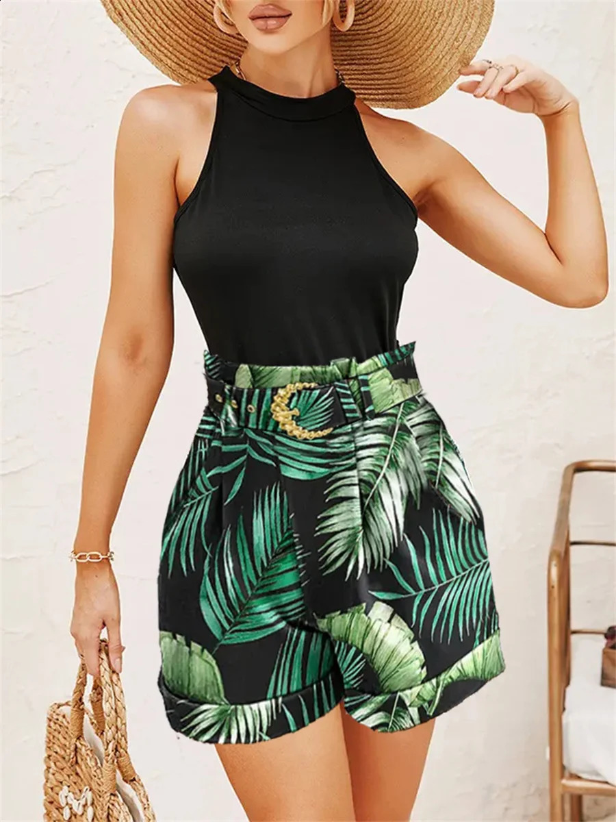 wsevypo Women Summer Vest and Shorts Sets Casual Sleeveless Halter Vest Tank Tops High Waist Shorts with Waist Belt 2Pcs Suits 250319