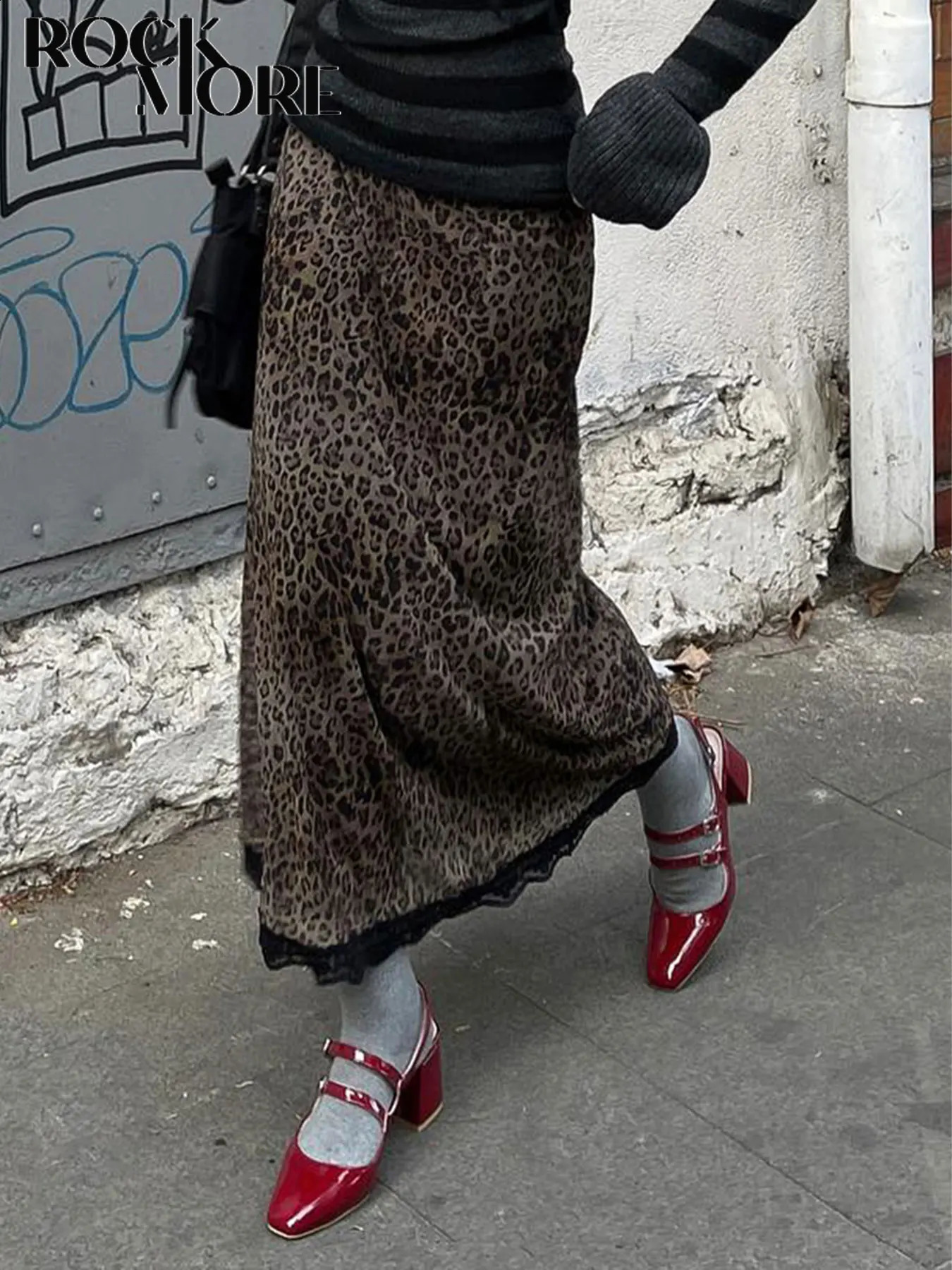 Rockmore Gothic Leopard Print Patchwork Lace Long Skirts Vintage Streetwear Y2K Straight Skirts Lady Harajuku Fashion Aesthetic 250319