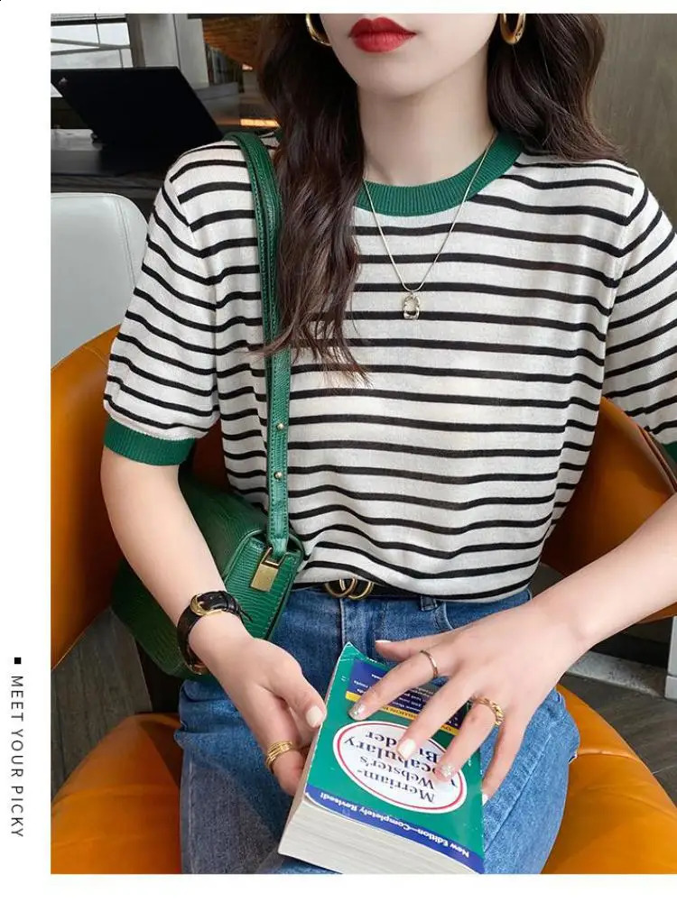 2025 Stripe Tops Women Knitted Round Collar Summer Print Short Sleeve Casual Simple Wild T-Shirt 250319