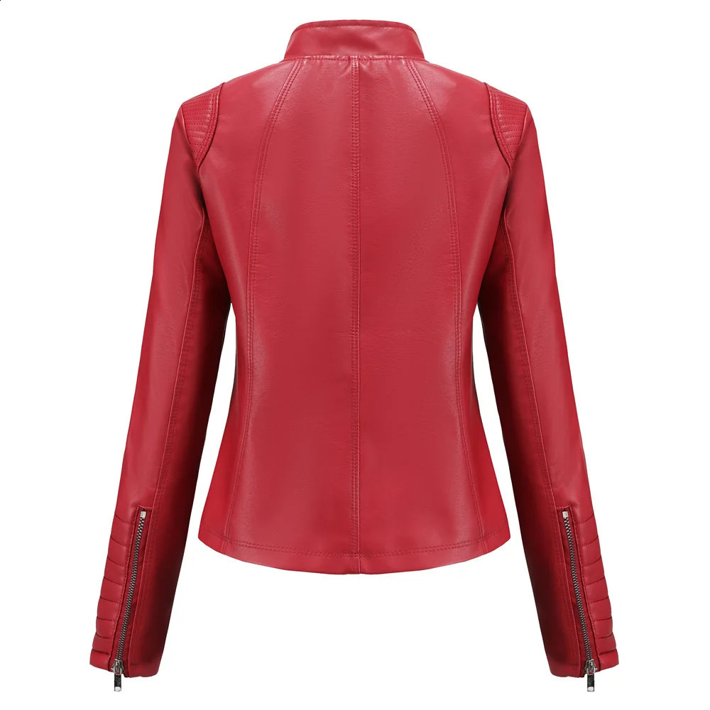 Bright red Vneck womens leather jacket stylish ultrathin PU black short Asian size XS S M L XL XXL 250319