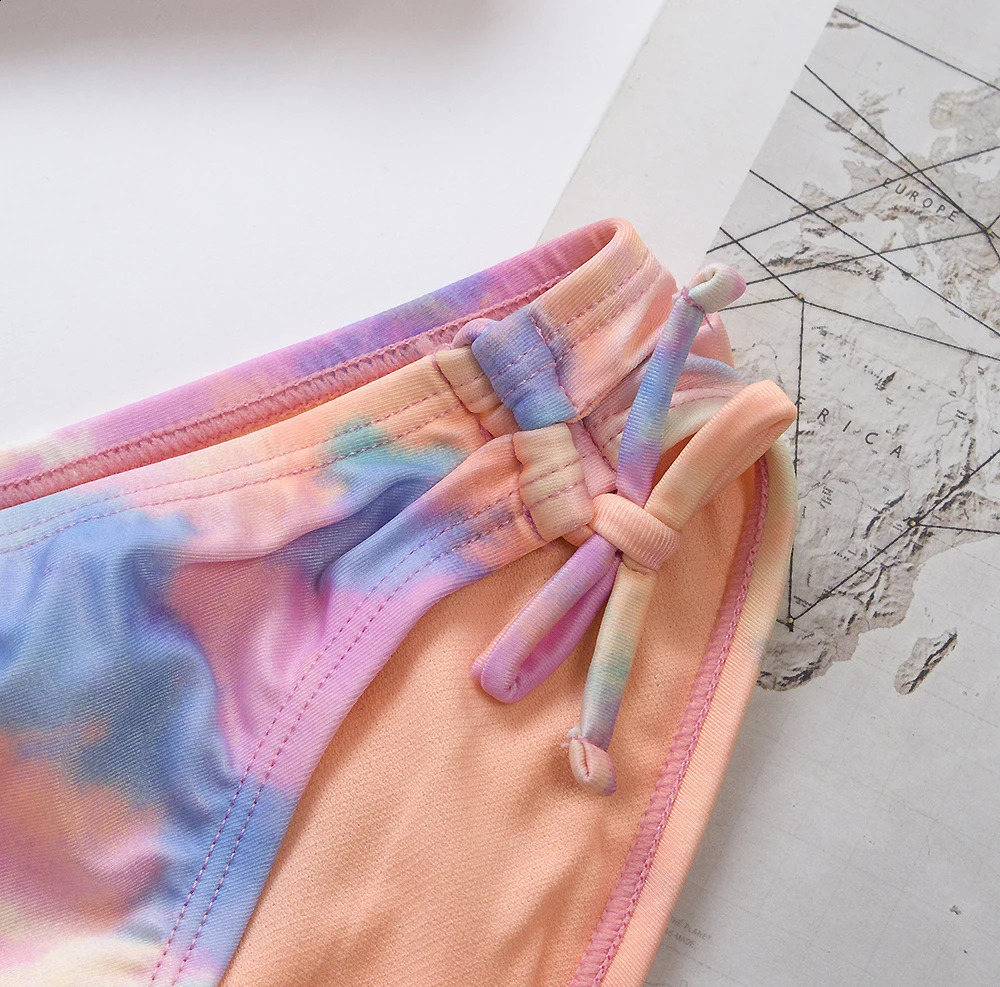 Teenage girl bandage bikini set tie dye print summer childrens swimsuit student twopiece 250319