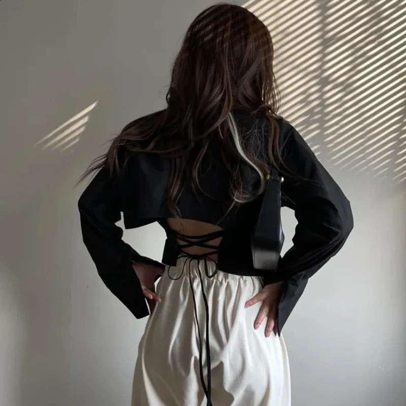 Gidyq Korean Bandage Shirt Women Fashion Backless Sexy Blouse Office Ladies Casual Slim Chic Turn Down Collar Long Sleeve Tops 250319