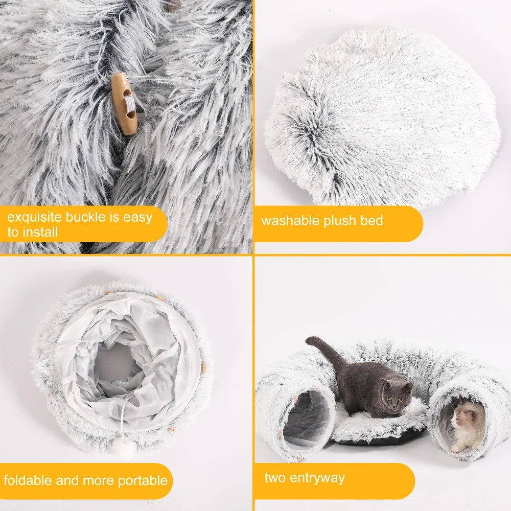 Cat Beds Furniture Plush Pets Cat Kennel Gray Foldable Round Cats Nest Crossing Tunnel Bed Winter Warm Collapsible Basket Cushion Mat Pet Supplies