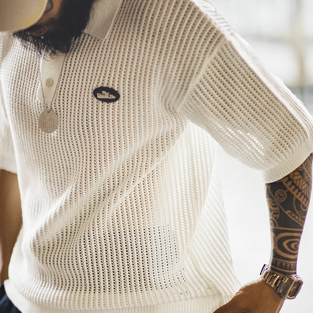 Maden Retro Knitted Hollow Short-sleeved Polo T-shirt IVY Half-Open Lapel White T-shirt for Mens Summer Tops Fashion Tee 250317