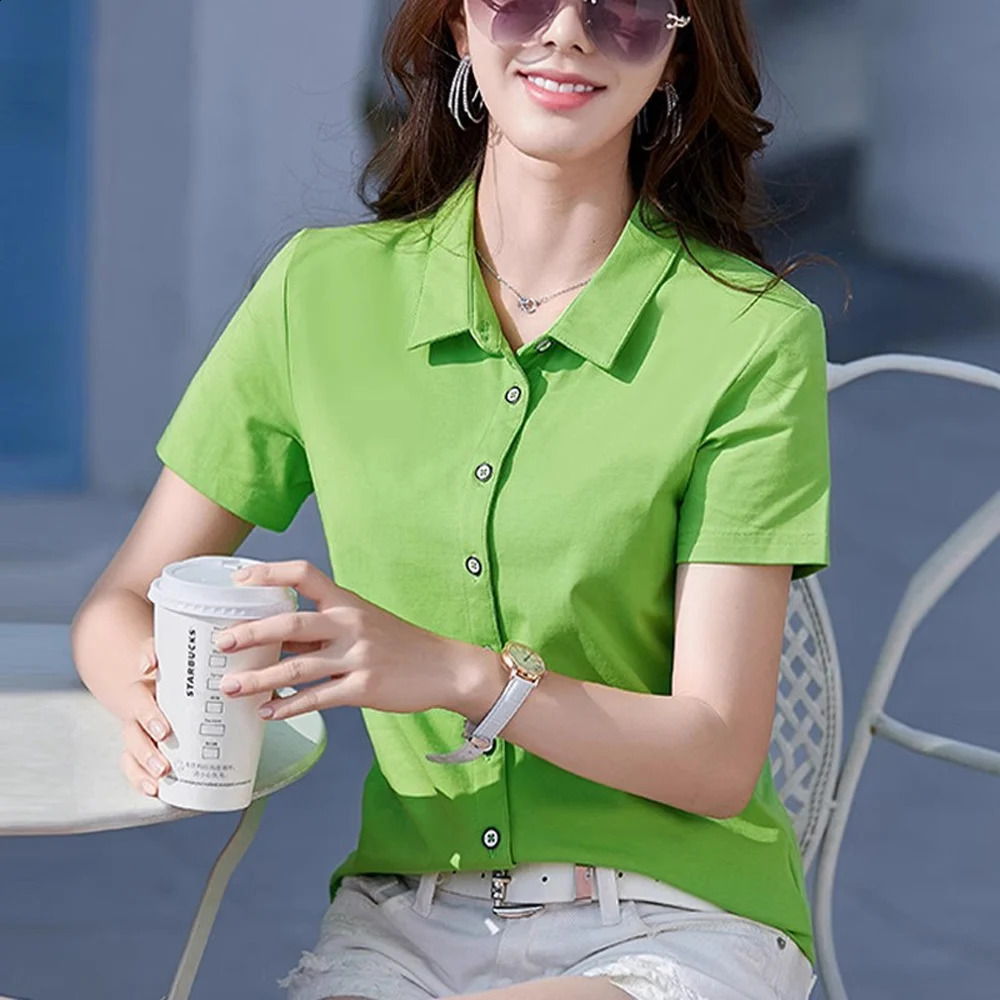 Polo shirt short sleeved T-shirt womens summer shirt lapel cardigan T-shirt solid color slim fit top womens work clothes 250318