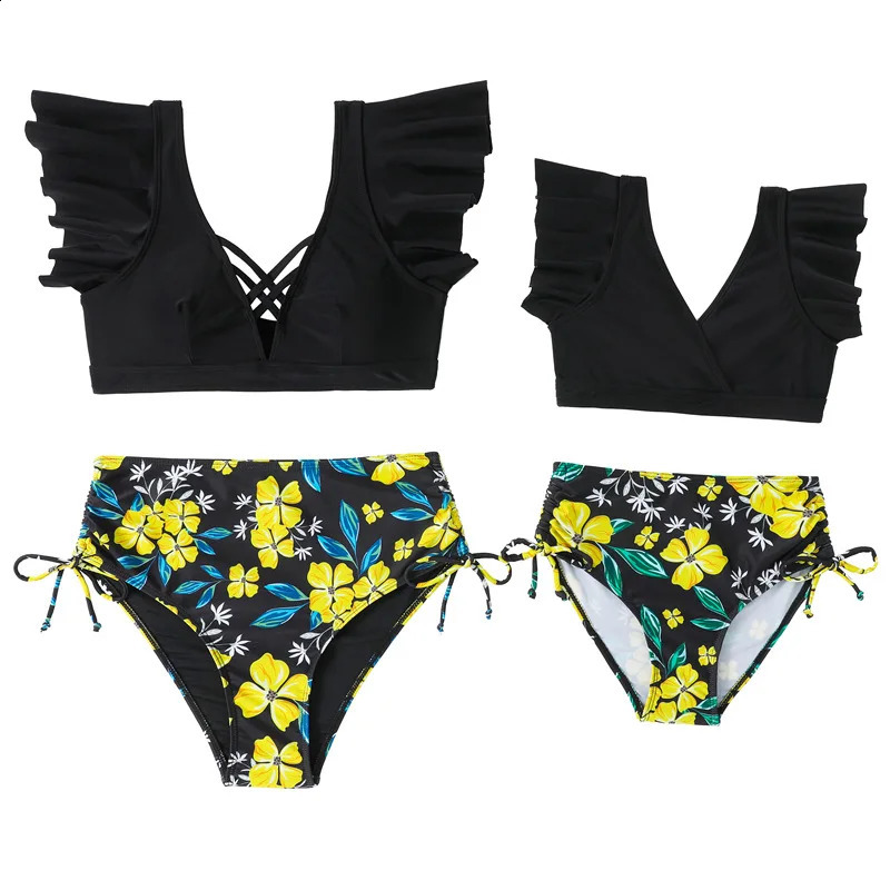 Ruffled Mother Daughter Matching Swimsuits Family Set O-Neck Mom Baby Mommy and Me Bikini Clothes Leaves Woman Girls Swimwear 250319