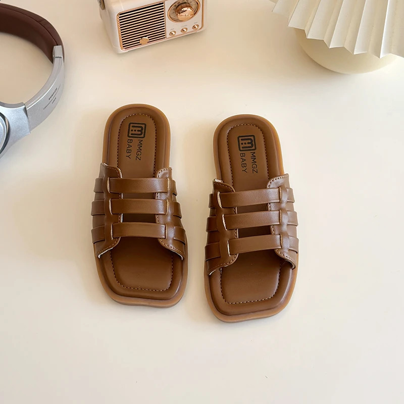 Childrens slider woven hollow square toe PU leather childrens slider solid color fashion slider casual summer girls sandals 250318