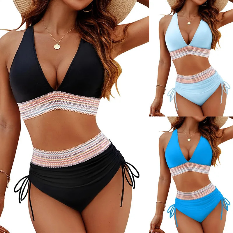 2025 Womens Shoulder High Waist Split Bikini Swimsuit Set with Chest Mat and Adjustable Straps 250319
