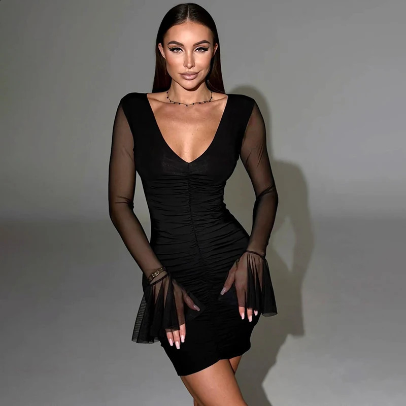 CUTENOVA 2025 SpringSummer Collection Solid Color Sexy Vneck Mesh Decal Folded Ruffles Sleeves Mini Skirt 250319
