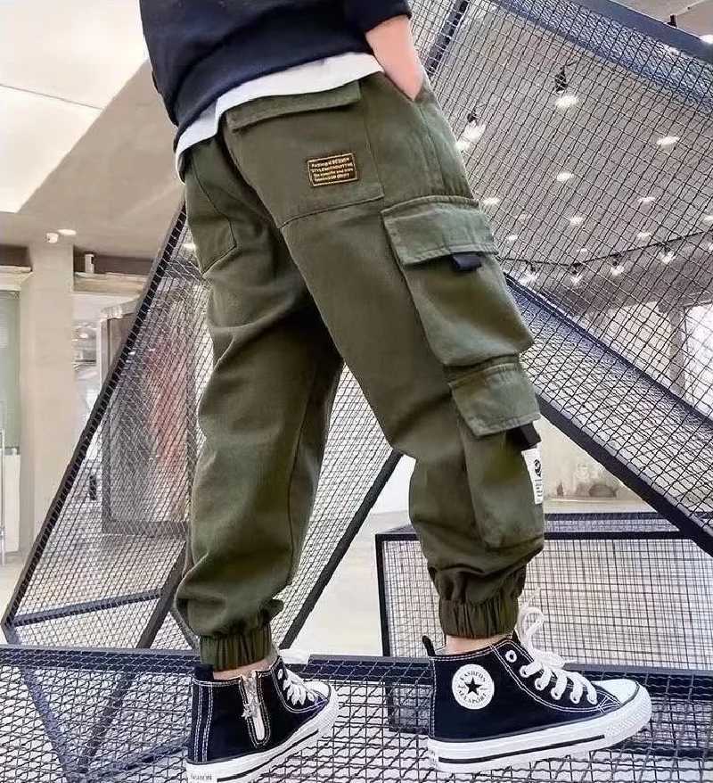 Childrens casual sports pants boys cargo pants teenagers hip-hop jogging pants Trousers Big Children High Waist retro street bag pantsT250318