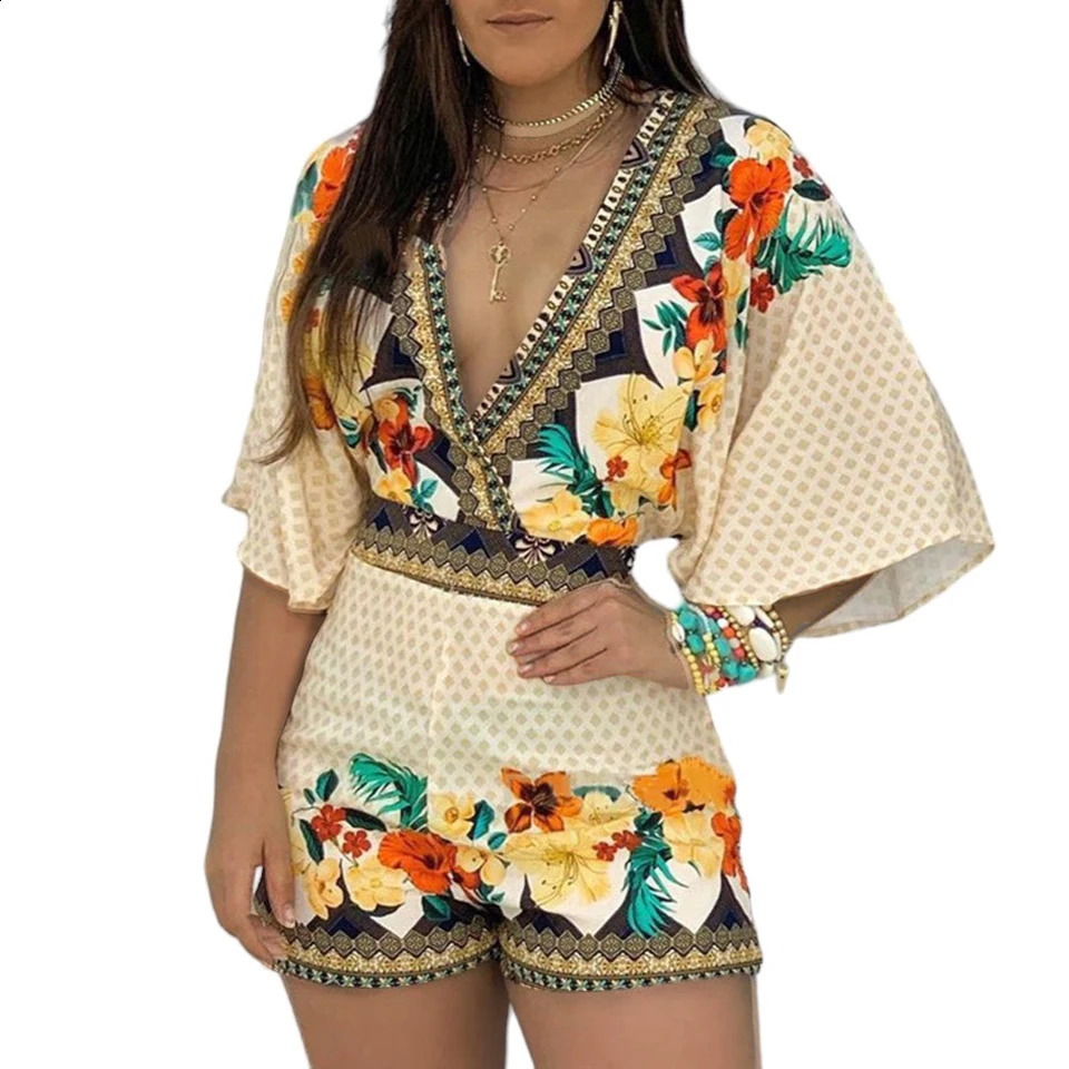 Jumpsuits for Women Plus Size Floral Print Sexy V-neck Bohemian Vintage Style Short Jumpsuits Female Oversize Clothing 3XL 4XL 250318