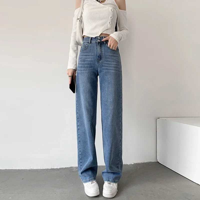 Womens Jeans Autumn High Waist Loose Straight Denim Pants Black Blue Fashion Korean Street Stretch Soft Comfortable TrousersT250319