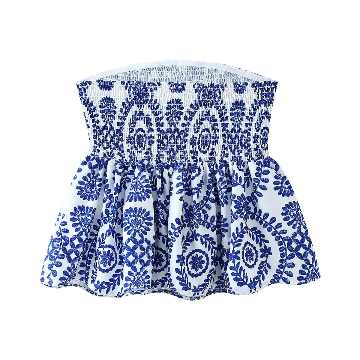 Printed floral crop top shirt strapless Camis ruffled bottom womens summer clothing 250319