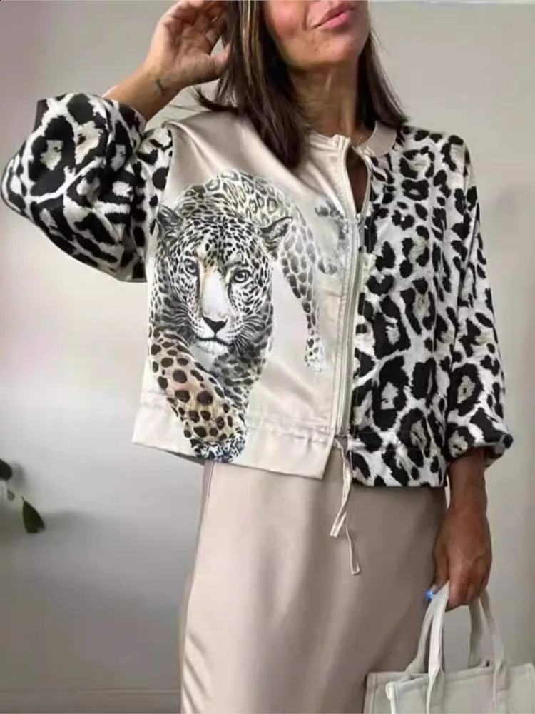 Retro womens leopard print jacket long sleeved zipper jacket O-neck spring/summer womens casual jacket 250317