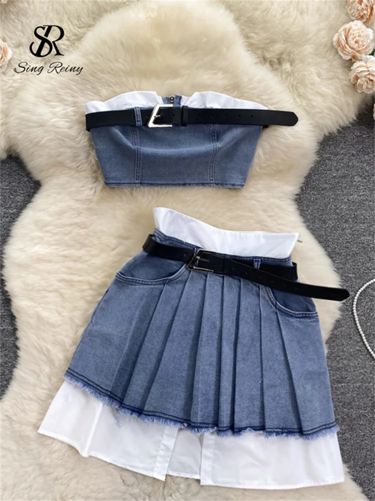 SINGREINY Fashion American Retro Y2K Sexy Denim Suits Women Strapless Mini Top Pleated Mini Skirt Vintage Beach Two Pieces Set 250319