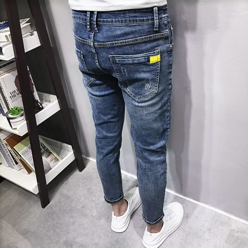 Trendy Mens Slimming Denim Jeans Springsummer Korean Style Washing Blue Tapered Pants For Social Youth 250312