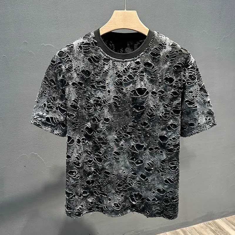 Street Trend Fashion Summer New Mens O-neck Tie Dye Hole High Street Casual Full Match Half Sleeve Loose Zipper T-shirt TopT250318
