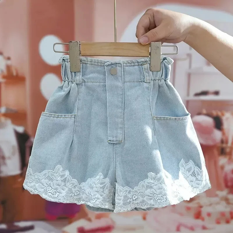Girls Straight Lace Jeans Summer Childrens Versatile Wide Leg Shorts Sweet Casual Pants Fashion Girl Jeans Clothes 250319