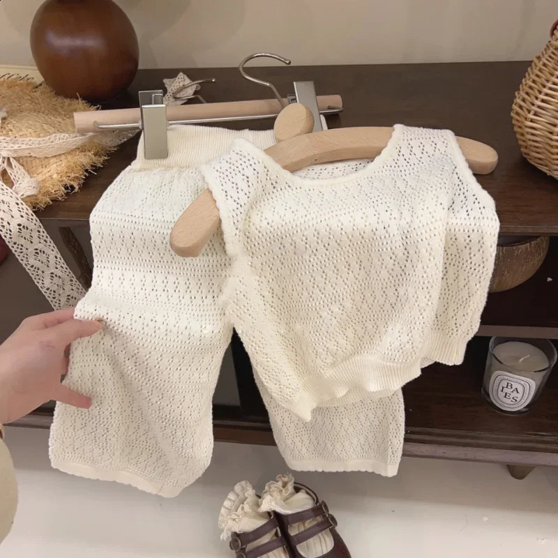 Girls Summer Clothing Set 2023 Childrens Knitted Hollow Lace Fashion Breathable Tank TopWide Leg Pants 250312