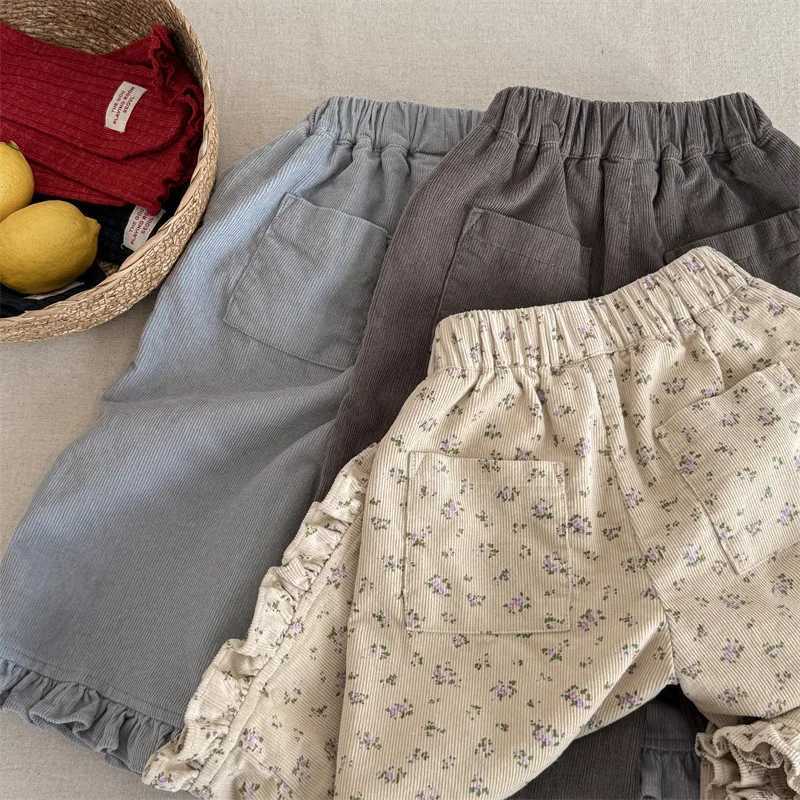 young deer 2025 New Spring Baby Girls Wide Leg Pants Floral Printed Korean Style Corduroy Ruffles Toddlers Kids Casual TrousersT250318