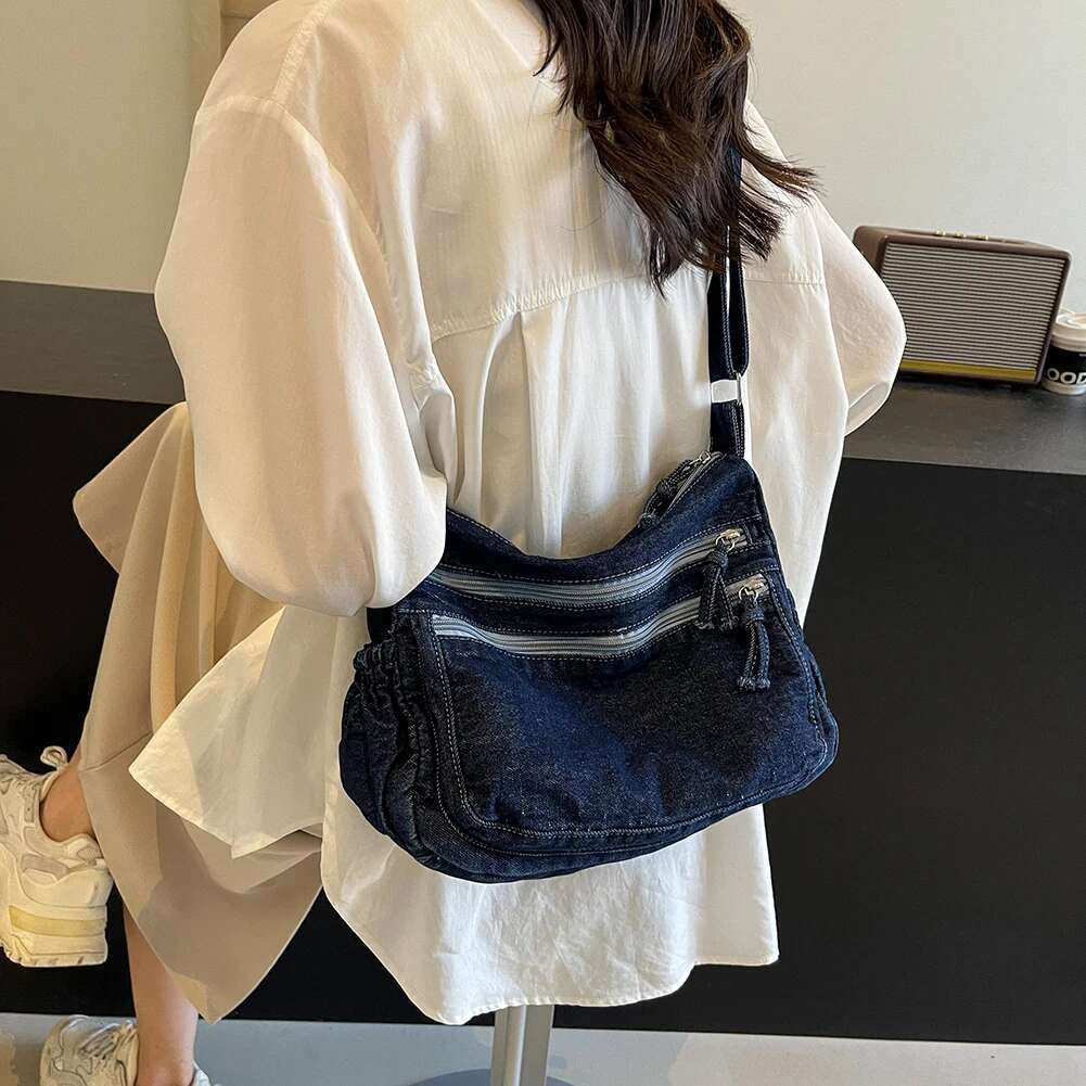 Women Denim Fashion Shoulder Adjustable Strap Casual Messenger Multi-Pockets Stylish Crossbody Outdoor Travel Bag