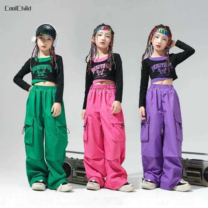 Girls Hip Hop Faux Two Piece Colorful Crop Sweatshirt Street Dance Cargo Pants Child Streetwear Kids Jazz Costumes Clothes SetsT250318